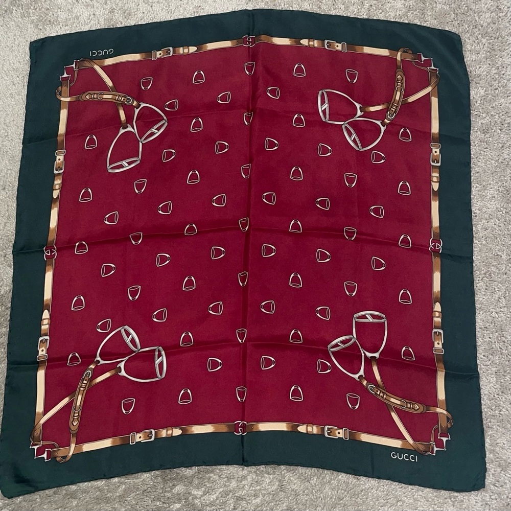 Vintage Gucci Burgundy and Forest Green Silk Equestrian Print Scarf with COA